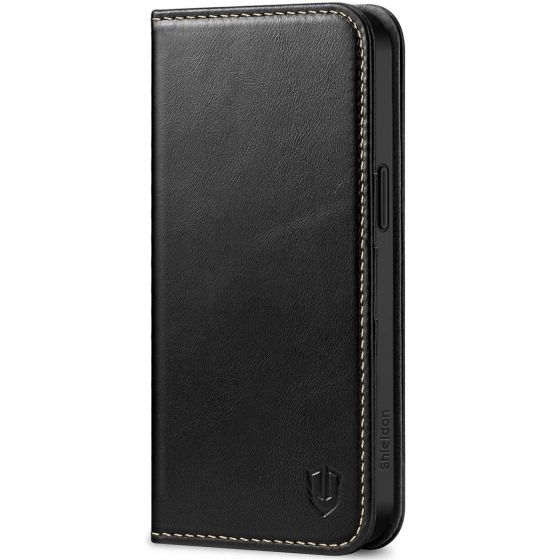 SHIELDON iPhone 15 Pro Max Genuine Leather Wallet Case, iPhone 15 Pro Max Phone Flip Case - Retro Black