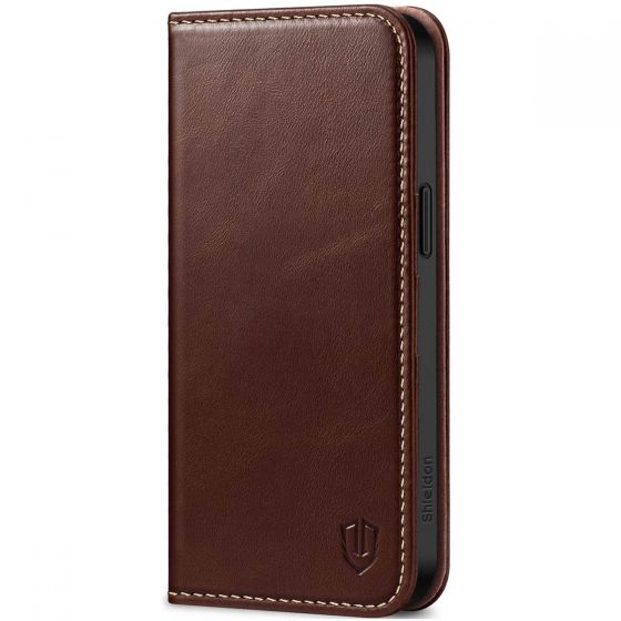 SHIELDON iPhone 15 Pro Max Genuine Leather Wallet Case, iPhone 15 Pro Max Phone Case - Retro Coffee