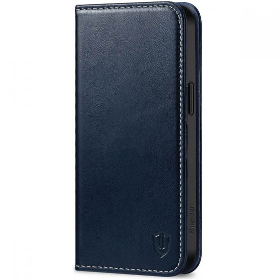 SHIELDON iPhone 15 Pro Max Genuine Leather Wallet Case, iPhone 15 Pro Max Mobile Phone Case - Retro Dark Blue