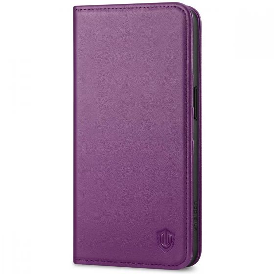 SHIELDON iPhone 15 Genuine Leather Wallet Case, iPhone 15 Phone Case - Purple