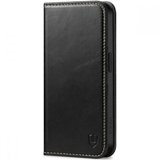 SHIELDON iPhone 15 Genuine Leather Wallet Case, iPhone 15 Magnet Phone Case - Retro Black