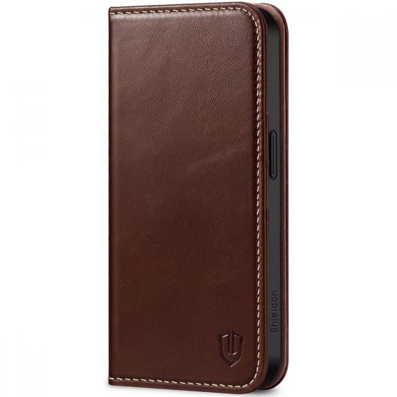 SHIELDON iPhone 15 Genuine Leather Wallet Case, iPhone 15 Magnetic Closure Cover - Retro Coffee