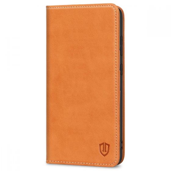 SHIELDON SAMSUNG GALAXY S21FE Flip Folio Book Kickstand Case, SAMSUNG S21 FE Genuine Leather Wallet Case - Brown