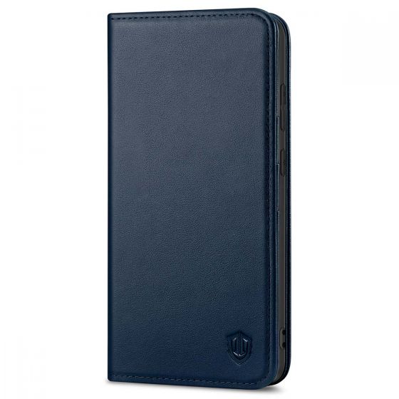 SHIELDON SAMSUNG GALAXY S21FE Flip Folio Book Kickstand Case, SAMSUNG S21 FE Genuine Leather Wallet Case - Navy Blue