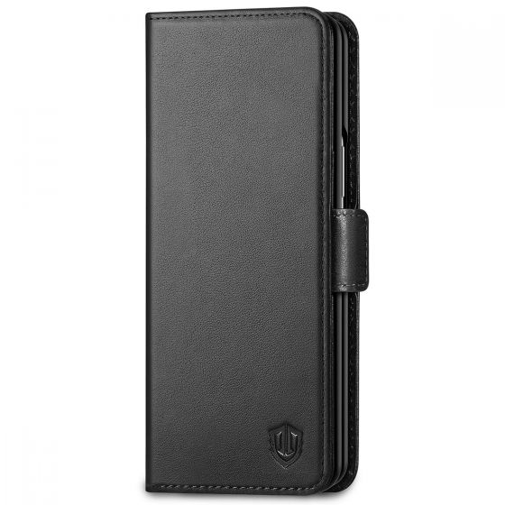 SHIELDON SAMSUNG Galaxy Z Fold3 Wallet Case, Genuine Leather Cases with S Pen Holder, Shockproof RFID Blocking Kickstand Book Style Dual Magnetic Tab Closure Cover - Black