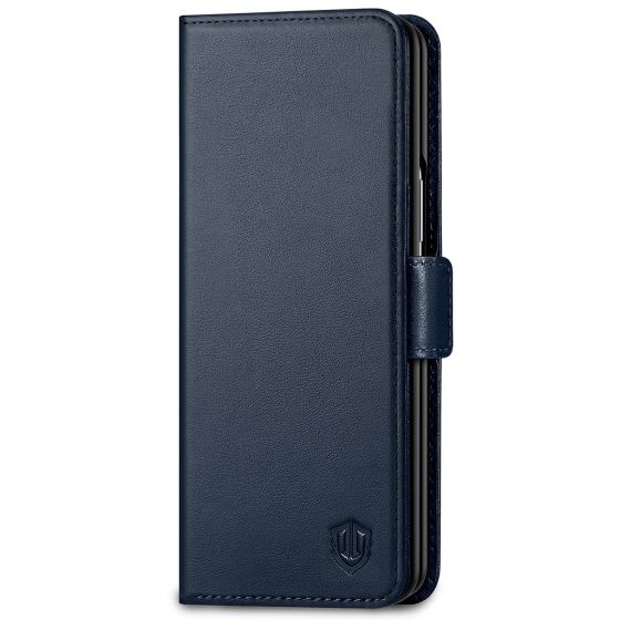 SHIELDON SAMSUNG Galaxy Z Fold3 Wallet Case, Genuine Leather Cases with S Pen Holder, Shockproof RFID Blocking Kickstand Book Style Dual Magnetic Tab Closure Cover - Navy Blue