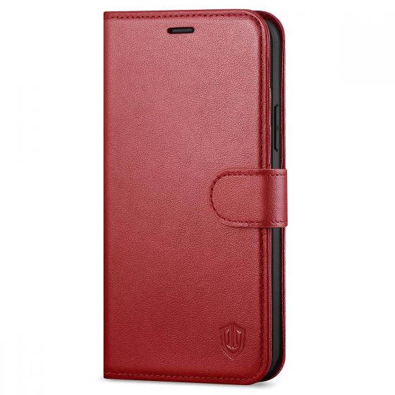 SHIELDON iPhone 12 Mini Leather Case, iPhone 12 Mini Folio Cover with Magnetic Clasp Closure, Genuine Leather, RFID Blocking, Kickstand Phone Case for Mini iPhone 12 5.4-inch 5G Dark Red