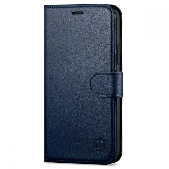 SHIELDON iPhone 12 Mini Leather Case, iPhone 12 Mini Folio Cover with Magnetic Clasp Closure, Genuine Leather, RFID Blocking, Kickstand Phone Case for Mini iPhone 12 5.4-inch 5G Navy Blue
