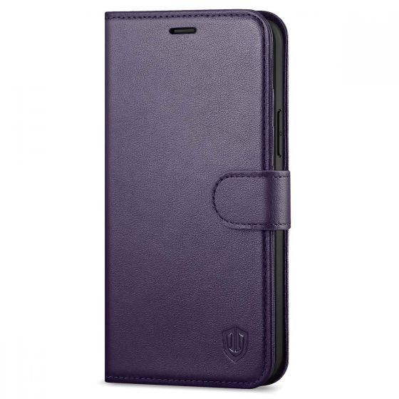 SHIELDON iPhone 12 Pro Max Wallet Case, Genuine Leather Folio Cover with Kickstand and Magnetic Closure for iPhone 12 Pro Max 6.7-inch 5G Dark Purple