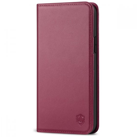 SHIELDON iPhone 13 Wallet Case, iPhone 13 Genuine Leather Cover with RFID Blocking, Book Folio Flip Kickstand Magnetic Closure - Red Violet