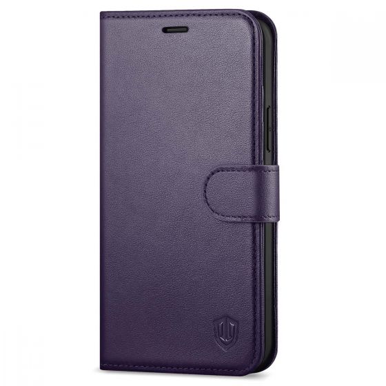 SHIELDON iPhone 13 Wallet Case, iPhone 13 Genuine Leather Cover Book Folio Flip Kickstand Case with Magnetic Clasp - Purple