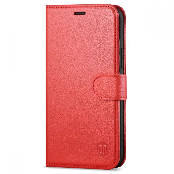 SHIELDON iPhone 13 Wallet Case, iPhone 13 Genuine Leather Cover Book Folio Flip Kickstand Case with Magnetic Clasp - Red