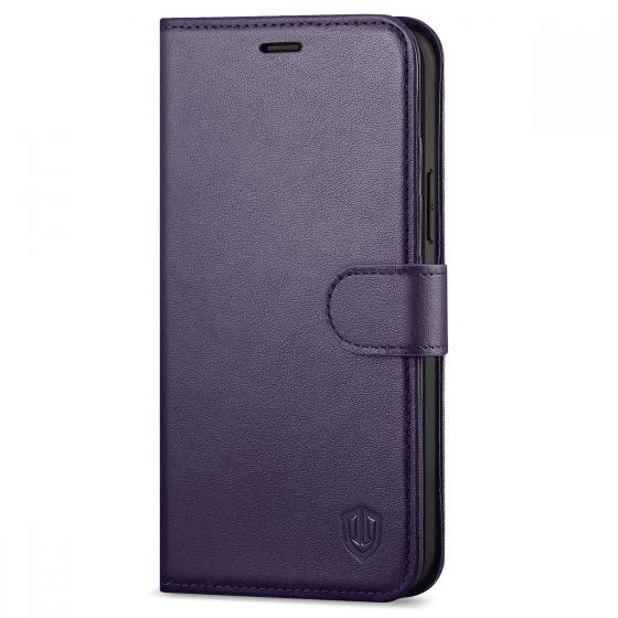 SHIELDON iPhone 13 Pro Wallet Case, iPhone 13 Pro Genuine Leather Cover with Magnetic Clasp - Dark Purple