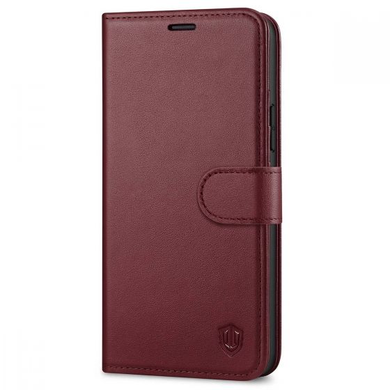 SHIELDON iPhone 13 Wallet Case, iPhone 13 Genuine Leather Cover Book Folio Flip Kickstand Case with Magnetic Clasp - Wine Red
