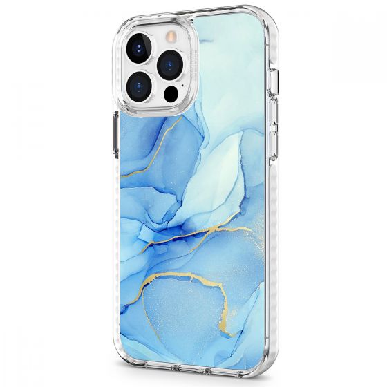 SHIELDON iPhone 13 Pro Max Clear Case Anti-Yellowing, Transparent Thin Slim Anti-Scratch Shockproof PC+TPU Case with Tempered Glass Screen Protector for iPhone 13 Pro Max 5G - Print Light Blue Marble