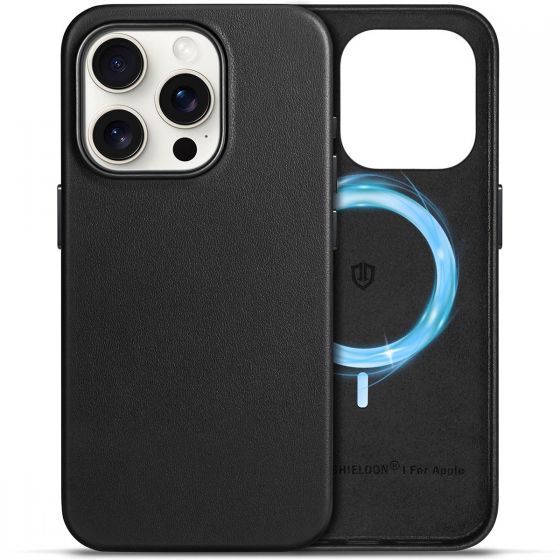 Shieldon iPhone 16 Pro Genuine Leather case, MagSafe Compatible, Wireless Charging, Raised Edges, Slim Fit Elegant Non-Slip Shockproof Protective Phone Case with Metal Buttons for iPhone 16 Pro 6.3-inch 2024