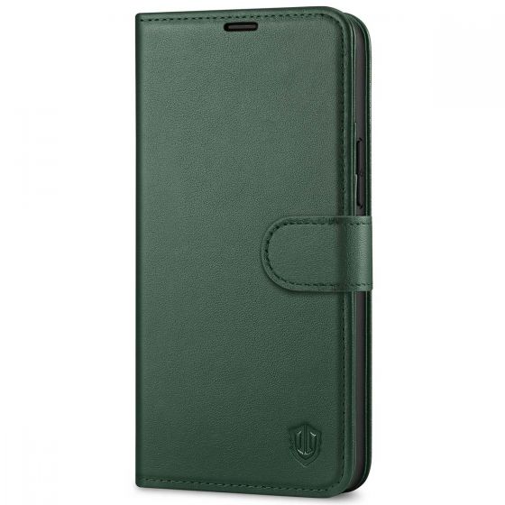 SHIELDON iPhone 13 Mini Genuine Leather Case, iPhone 13 Mini Wallet Cover with Magnetic Clasp Closure - Midnight Green