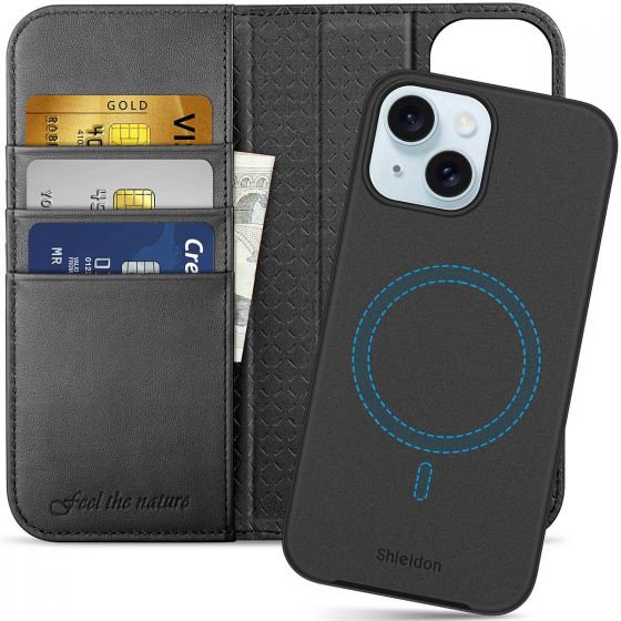 SHIELDON iPhone 15 Magnetic Detachable Wallet Case, iPhone 15 MagSafe & Wireless Charging Compatible Case - Black