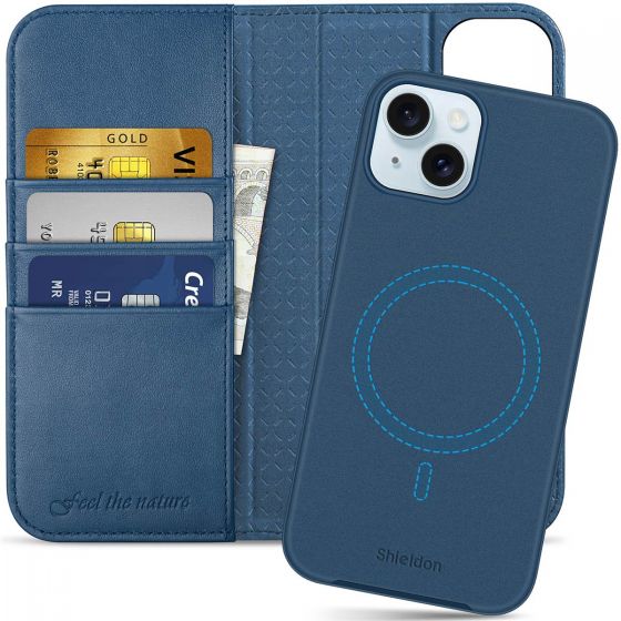 SHIELDON iPhone 15 Plus Detachable Magnetic Wallet Case, iPhone 15 Plus Genuine Leather Case,  2in1 MagSafe Compatible - Royal Blue