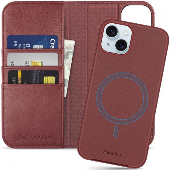 SHIELDON iPhone 15 Plus Detachable Magnetic Wallet Case, iPhone 15 Plus Genuine Leather Case,  Support Qi wireless charging - Wine Red