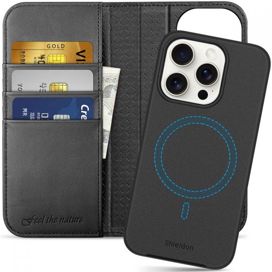 SHIELDON iPhone 15 Pro Leather Detachable Wallet, iPhone 15 Pro Genuine Leather Case 2in1, MagSafe & Wireless Charging Compatible, Magnetic, Card Holders Kickstand Shockproof, Removable Flip Protective Cover for iPhone 15 Pro 6.1-inch