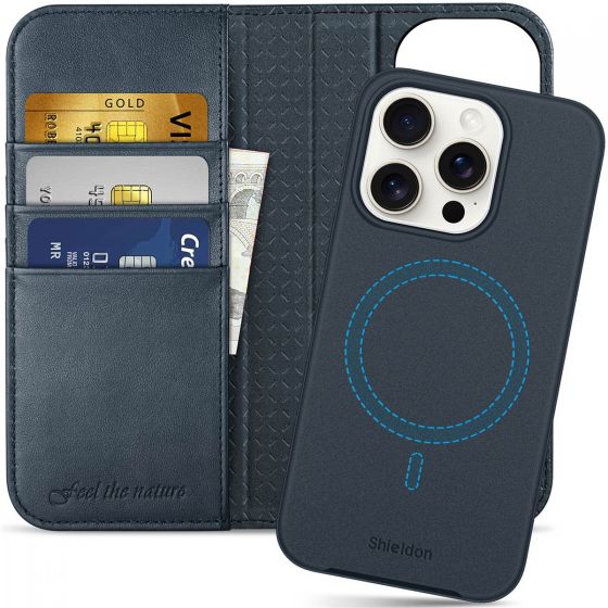 SHIELDON iPhone 15 Pro Detachable Magnetic Wallet Case, iPhone 15 Pro Genuine Leather Case,  Support Qi wireless charging - Navy Blue