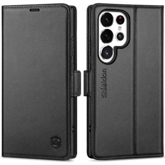 SHIELDON SAMSUNG Galaxy S24 Ultra Wallet Case, SAMSUNG S24 Ultra Leather Cover Flip Folio Book Case - Black