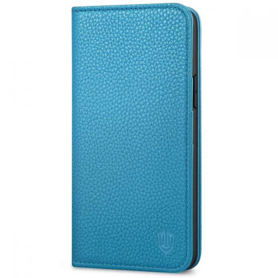 SHIELDON iPhone 12 Wallet Case - iPhone 12 Pro 6.1-inch Folio Leather Case - Light Blue - Litchi Pattern