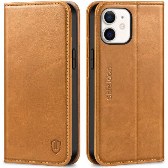 SHIELDON iPhone 12 Wallet Case - iPhone 12 Pro 6.1-inch Folio Leather Case - Retro Light Brown