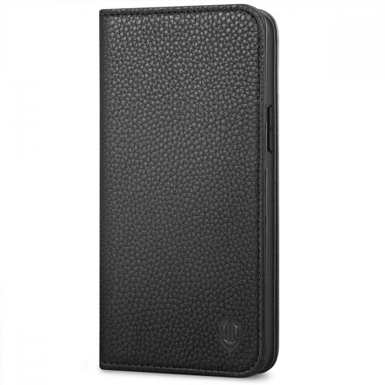SHIELDON iPhone 13 Pro Max Wallet Case, iPhone 13 Pro Max Genuine Leather Cover - Black - Litchi Pattern