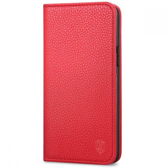 SHIELDON iPhone 13 Pro Max Wallet Case, iPhone 13 Pro Max Genuine Leather Cover - Red - Litchi Pattern