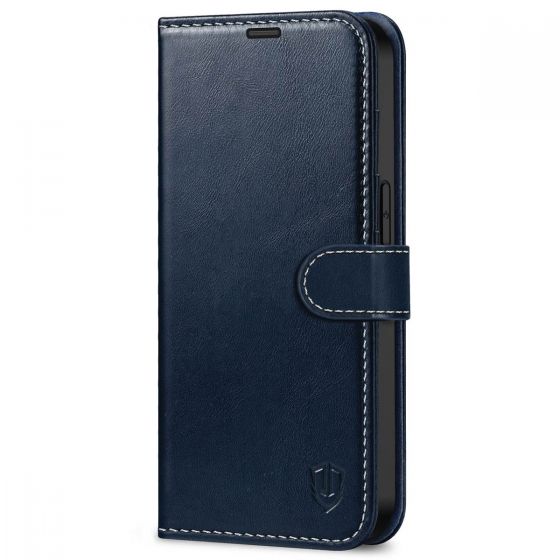 SHIELDON iPhone 14 Wallet Case, iPhone 14 Genuine Leather Cover Book Folio Flip Kickstand Case with Magnetic Clasp - Dark Blue - Retro