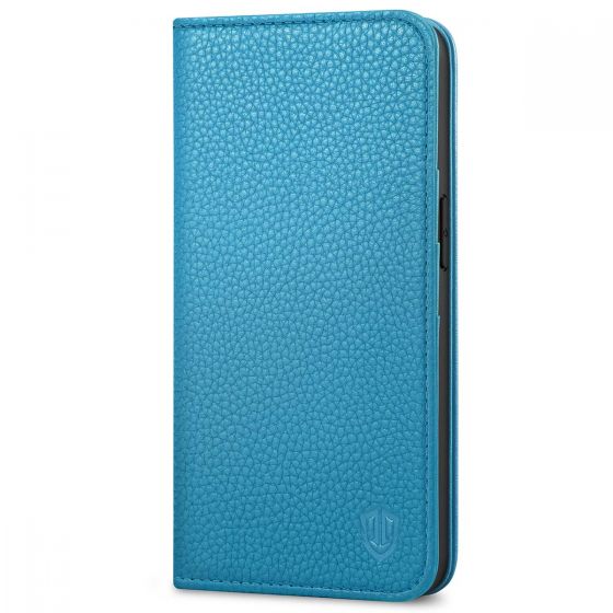 SHIELDON iPhone 14 Wallet Case, iPhone 14 Genuine Leather Cover with RFID Blocking, Book Folio Flip Kickstand Magnetic Closure - Light Blue - Litchi Pattern