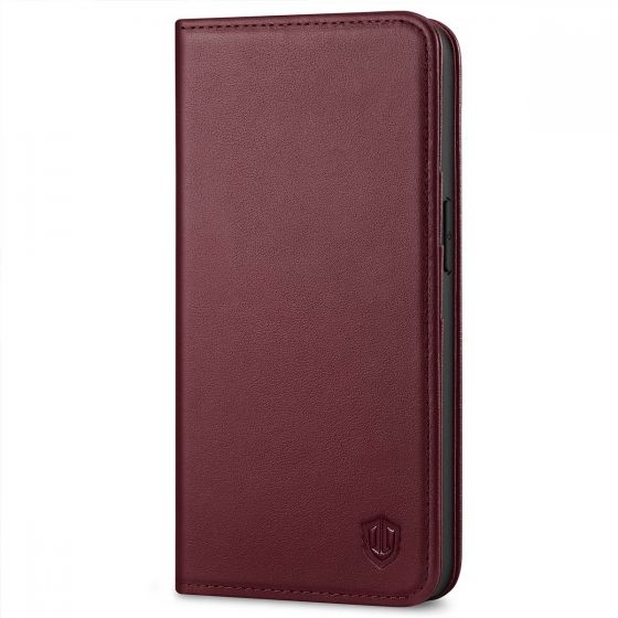 SHIELDON iPhone 14 Wallet Case, iPhone 14 Genuine Leather Cover with RFID Blocking, Book Folio Flip Kickstand Magnetic Closure - Wine Red