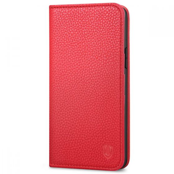 SHIELDON iPhone 14 Plus Wallet Case, iPhone 14 Plus Genuine Leather Cover with RFID Blocking, Book Folio Flip Kickstand Magnetic Closure - Red - Litchi Pattern