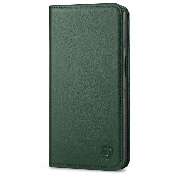 SHIELDON iPhone 14 Pro Wallet Case, iPhone 14 Pro Genuine Leather Cover Folio Case with Magnetic Closure - Midnight Green