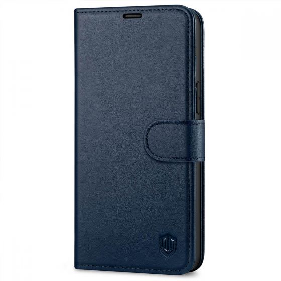 SHIELDON iPhone 14 Pro Max Wallet Case, iPhone 14 Pro Max Genuine Leather Cover with Magnetic Clasp Closure Flip Case - Navy Blue