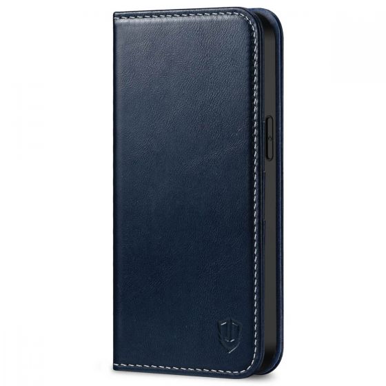 SHIELDON iPhone 14 Pro Max Wallet Case, iPhone 14 Pro Max Genuine Leather Folio Cover - Dark Blue - Retro