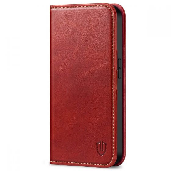 SHIELDON iPhone 14 Pro Wallet Case, iPhone 14 Pro Genuine Leather Cover Folio Case with Magnetic Closure - Red - Retro