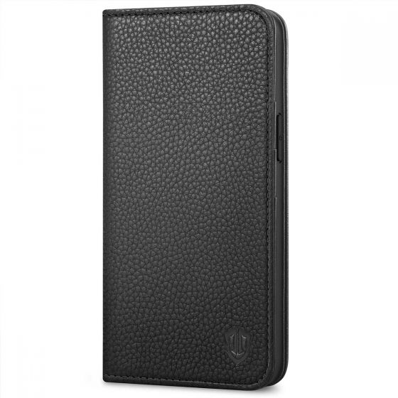 SHIELDON iPhone 13 Pro Wallet Case, iPhone 13 Pro Genuine Leather Cover with Magnetic Closure - Black - Litchi Pattern