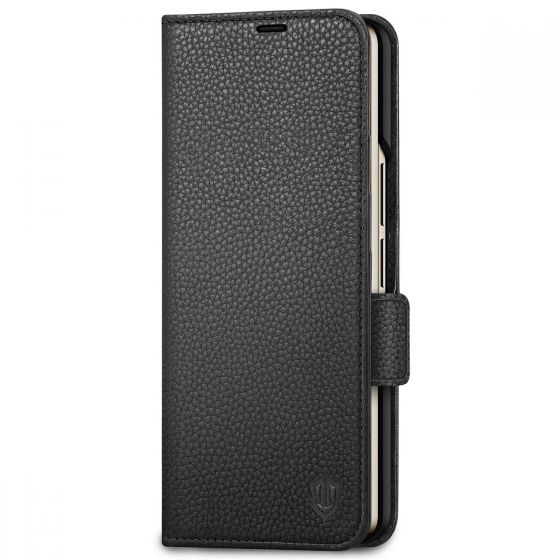 SHIELDON SAMSUNG Galaxy Z Fold4 5G Genuine Leather Wallet Case Cover with S Pen Holder, Folio Flip Style - Black - Litchi Pattern