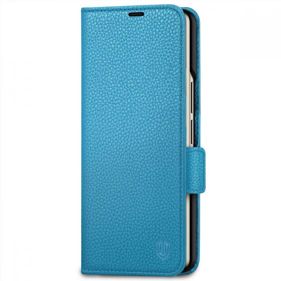 SHIELDON SAMSUNG Galaxy Z Fold4 5G Genuine Leather Wallet Case Cover with S Pen Holder, Folio Flip Style - Light Blue - Litchi Pattern