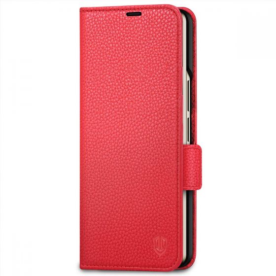 SHIELDON SAMSUNG Galaxy Z Fold4 5G Genuine Leather Wallet Case Cover with S Pen Holder, Folio Flip Style - Red - Litchi Pattern