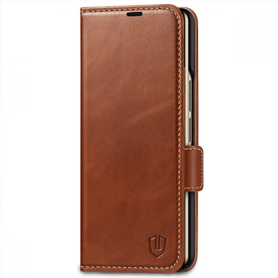 SHIELDON SAMSUNG Galaxy Z Fold4 5G Genuine Leather Wallet Case Cover with S Pen Holder, Folio Flip Style - Brown - Retro