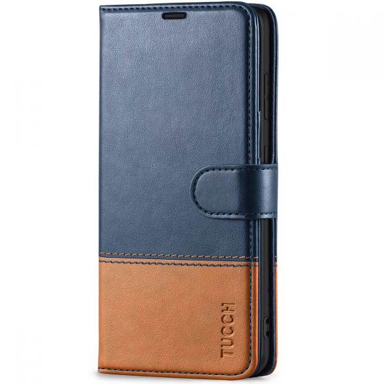 TUCCH SAMSUNG S21FE Wallet Case, SAMSUNG Galaxy S21 FE Case with Magnetic Clasp - Dark Blue & Brown