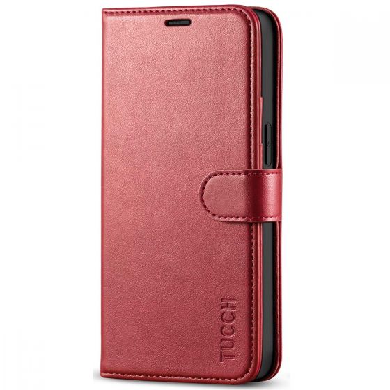 TUCCH iPhone 12 Mini 5.4-inch Flip Leather Wallet Case - Dark Red