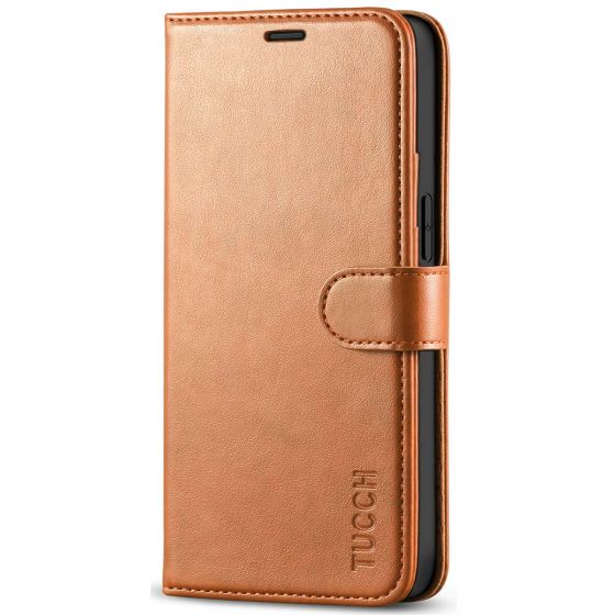 TUCCH iPhone 12 Mini Wallet Case Light Brown, iPhone 12 Mini Leather Cover,  PU Leather, RFID Blocking, Flip Folio, Kickstand, Magnetic Clasp