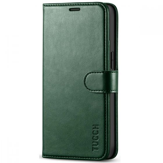 TUCCH iPhone 12 Mini 5.4-inch Flip Leather Wallet Case - Midnight Green