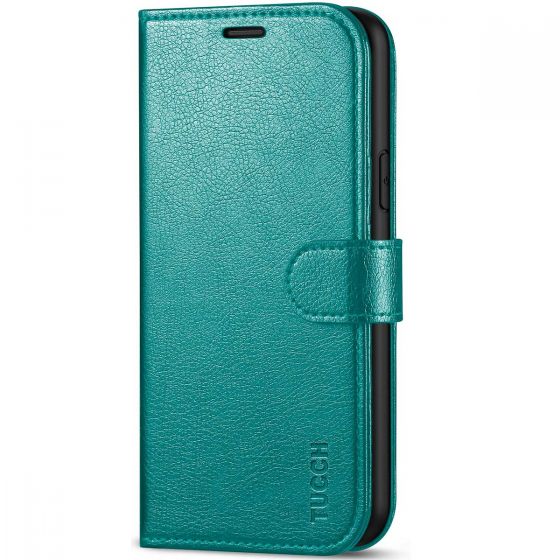 TUCCH iPhone 12 Wallet Case, iPhone 12 Pro Case, iPhone 12 / Pro 6.1-inch Flip Case - Cyan - Full Grain