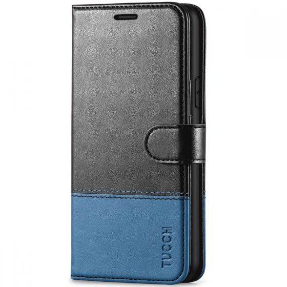 TUCCH iPhone 12 Wallet Case, iPhone 12 Pro Case, iPhone 12 / Pro 6.1-inch Flip Case - Black & Light Blue